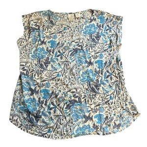 Joie 100% Linen Floral Sleeveless Top Blue Cream Size M